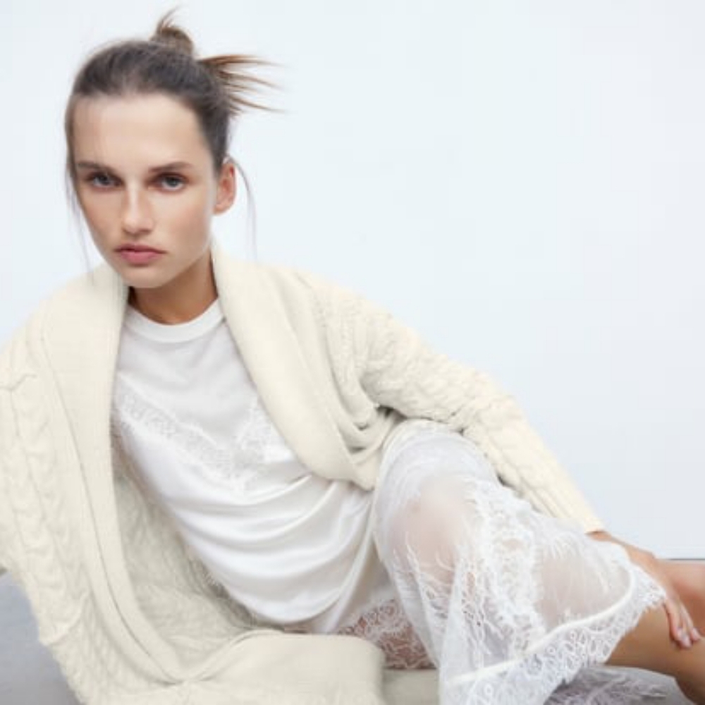 ZARA LONG CABLE KNIT PATCHWORK COAT